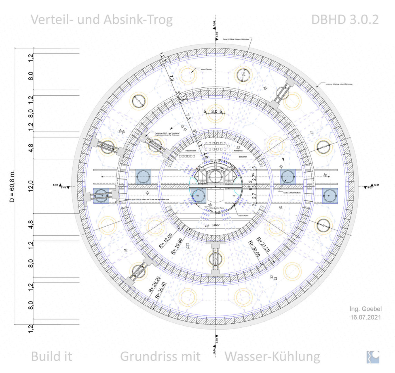 Grundriss Verteil- und Absink-Trog DBHD 3.0.2 unten - 1x mit 1x ohne Wasserkühl-Rohre