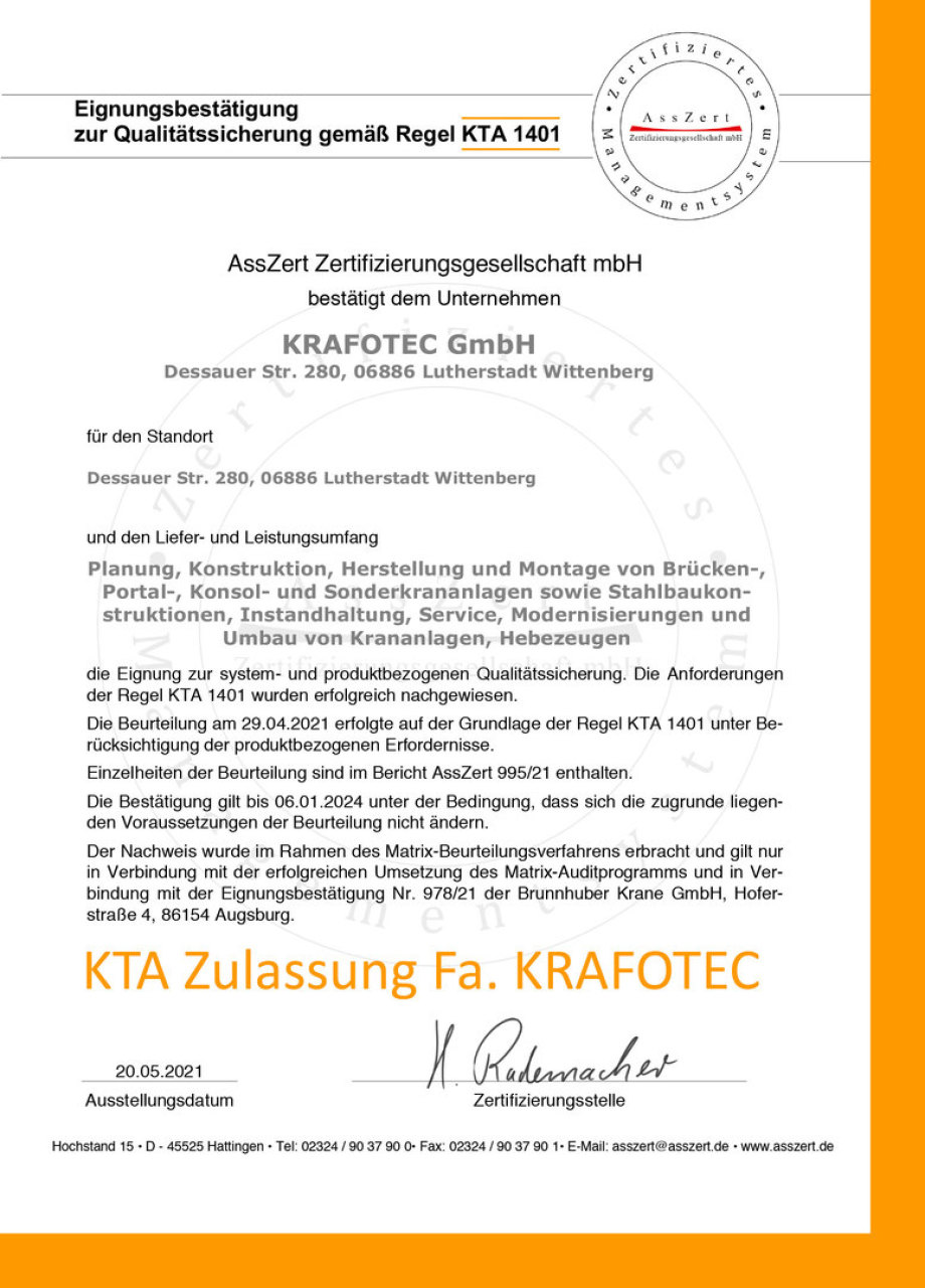 KTA Zulassung KRAFOTEC GMBH - - - KTA = Kerntechnische Anlagen