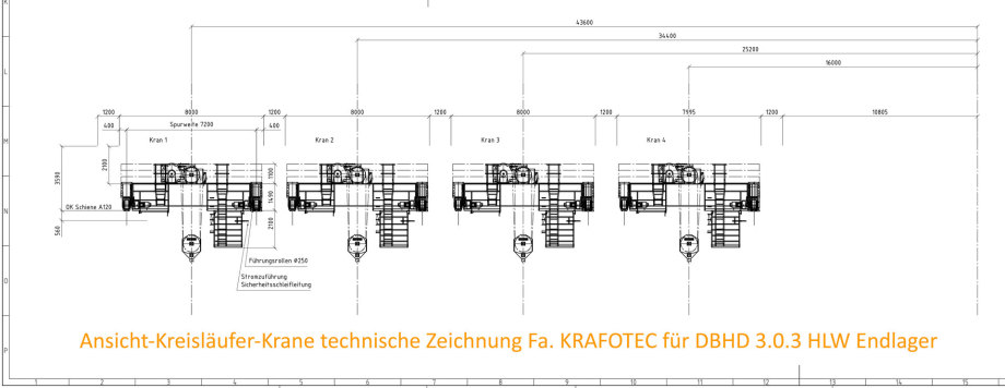 Ansicht Kreisläufer Krane 250 T. technische Zeichnung Fa. KRAFOTEC Wittenberg für DBHD 3.0.3 HLW Endlager