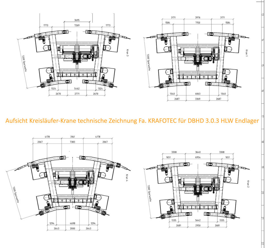 Aufsicht Kreisläufer Krane 250 T. technische Zeichnung Fa. KRAFOTEC Wittenberg für DBHD 3.0.3 HLW Endlager