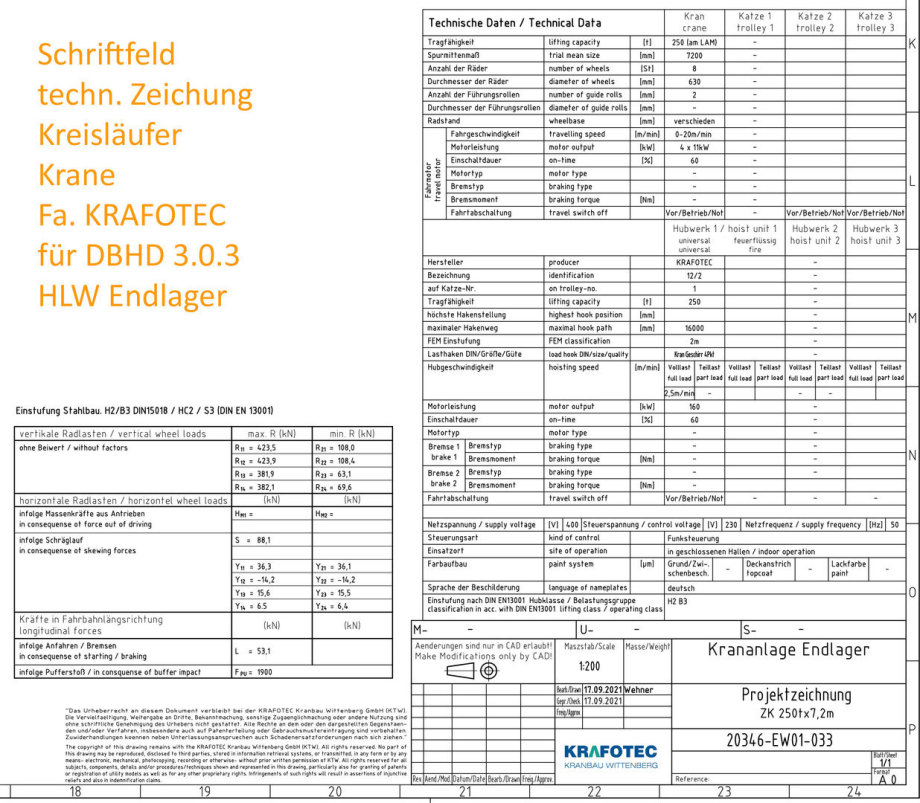 Schriftfeld Kreisläufer Krane 250 Tonnen technische Zeichnung Fa. KRAFOTEC Wittenberg für DBHD 3.0.3 HLW Endlager