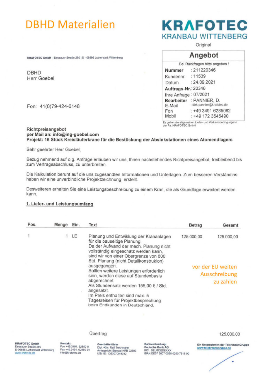Angebot KTA Kreisläufer-Krane von Fa. KRAFOTEC - Teichmann Kranbau Gruppe - für DBHD 3.0.3 HLW Endlager DE und US