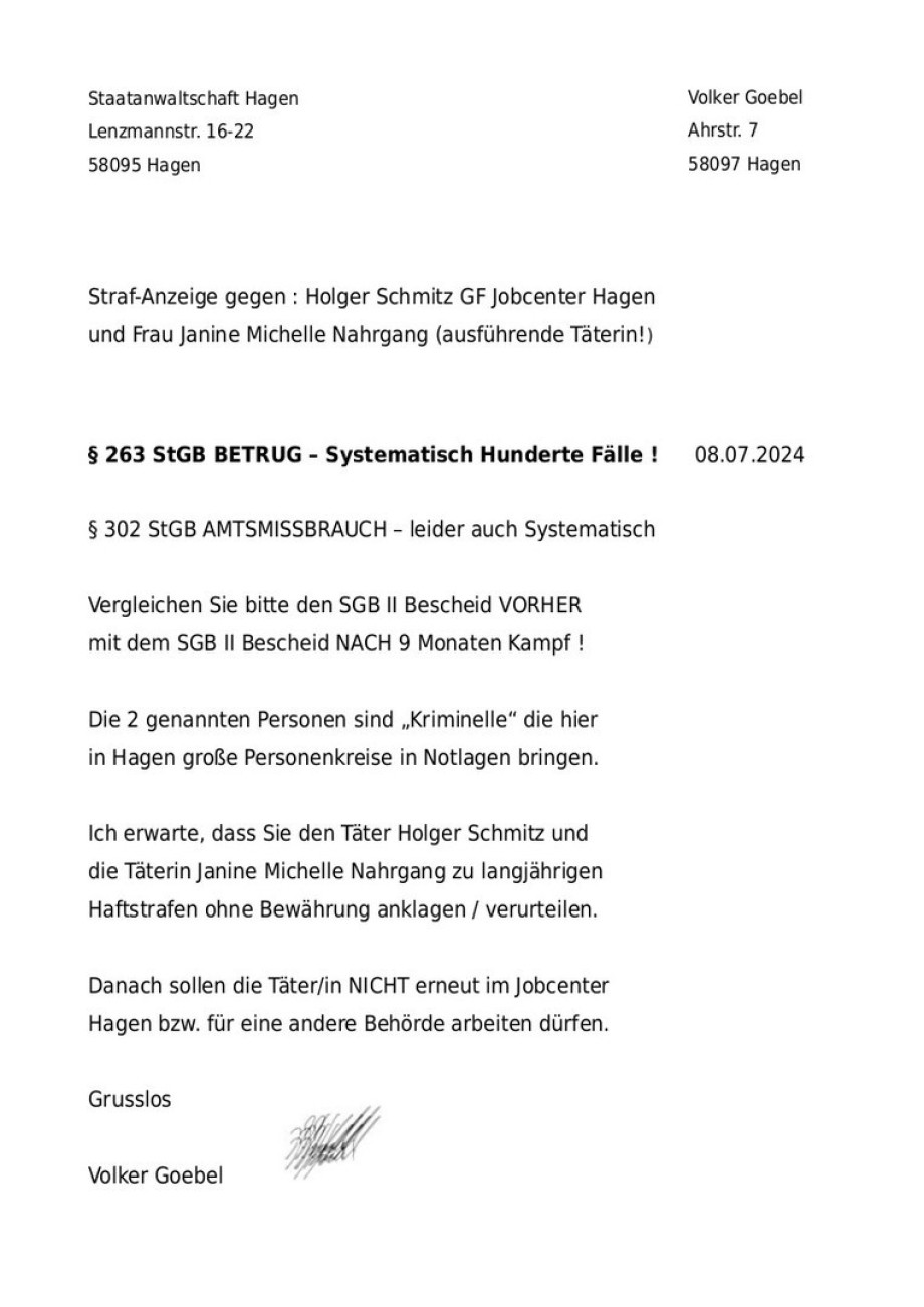 Strafanzeige gegen Jobcenter Hagen - namentlich gegen Holger Schmitz und Janine Michelle Nahrgang